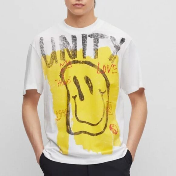 HUGO BOSS UNITY COTTON-JERSEY T-SHIRT WITH DOODLE MOTIFS LARGE NWT - Picture 1 of 9